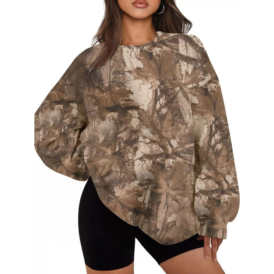Oversized Printed Crew Neck Sweatshirt Dark Brown / S Apparel and Accessories