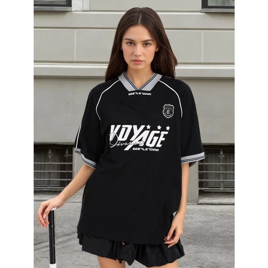 Oversized Sporty Graphic Short Sleeve T-Shirt Black / M Apparel and Accessories