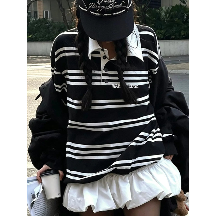 Oversized Striped Contrast Collar Polo Top Apparel and Accessories