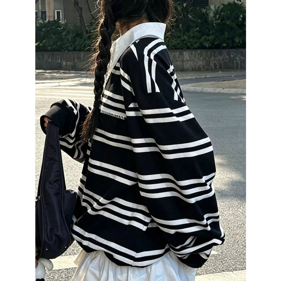 Oversized Striped Contrast Collar Polo Top Apparel and Accessories