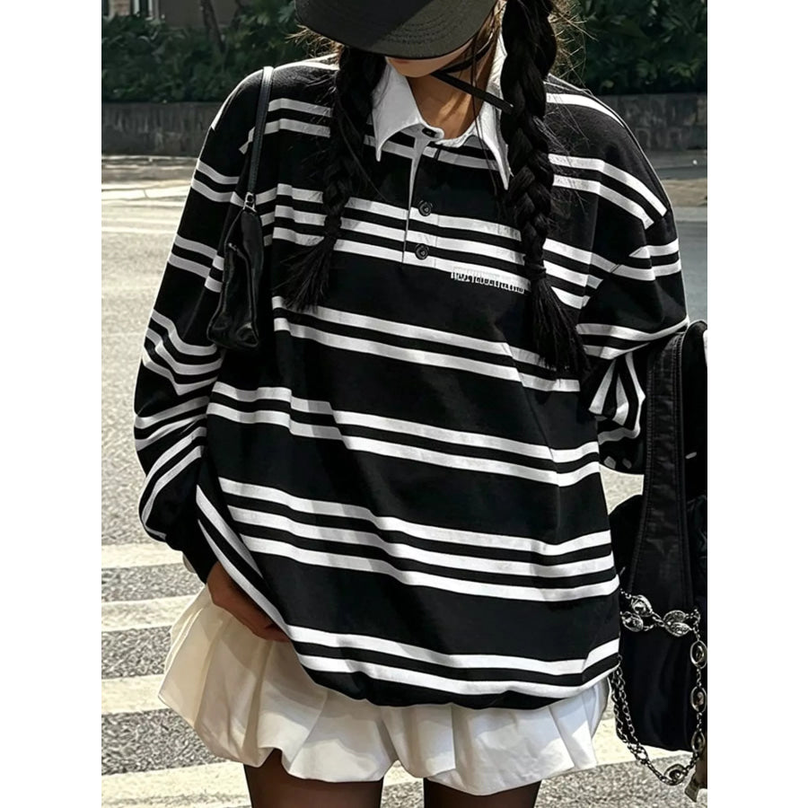 Oversized Striped Contrast Collar Polo Top Apparel and Accessories