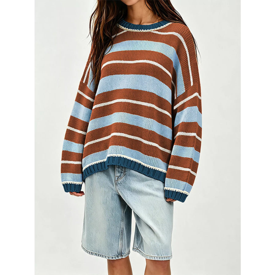 Oversized Striped Crew Neck Sweater Apparel and Accessories