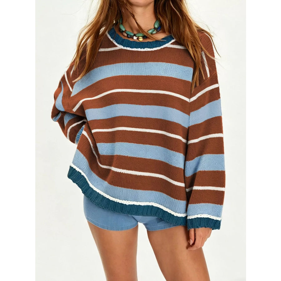 Oversized Striped Crew Neck Sweater Brown / S Apparel and Accessories
