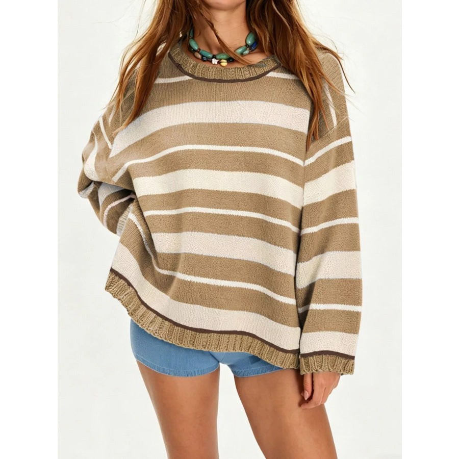 Oversized Striped Crew Neck Sweater Khaki / S Apparel and Accessories