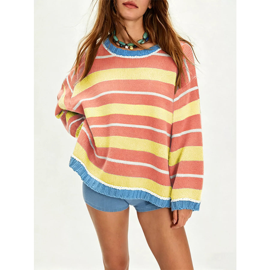 Oversized Striped Crew Neck Sweater Orange / S Apparel and Accessories
