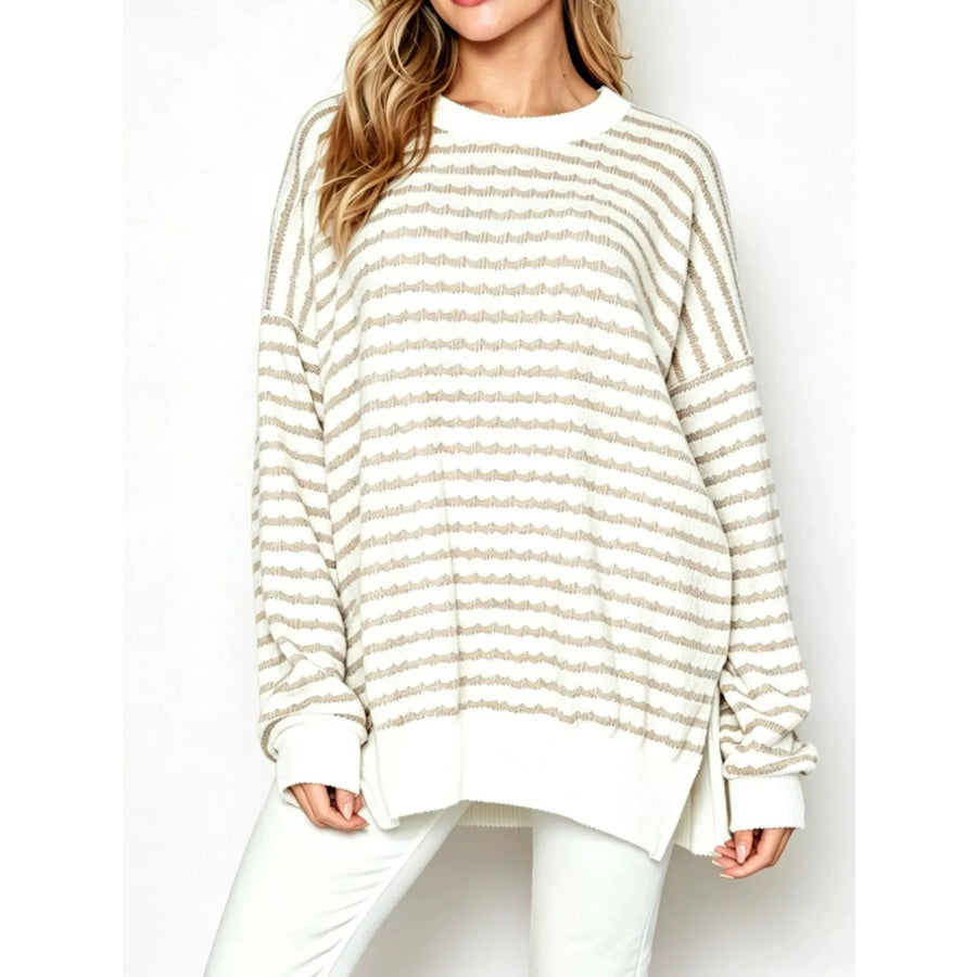 Oversized Striped Crew Neck Sweatshirt Khaki / S Apparel and Accessories