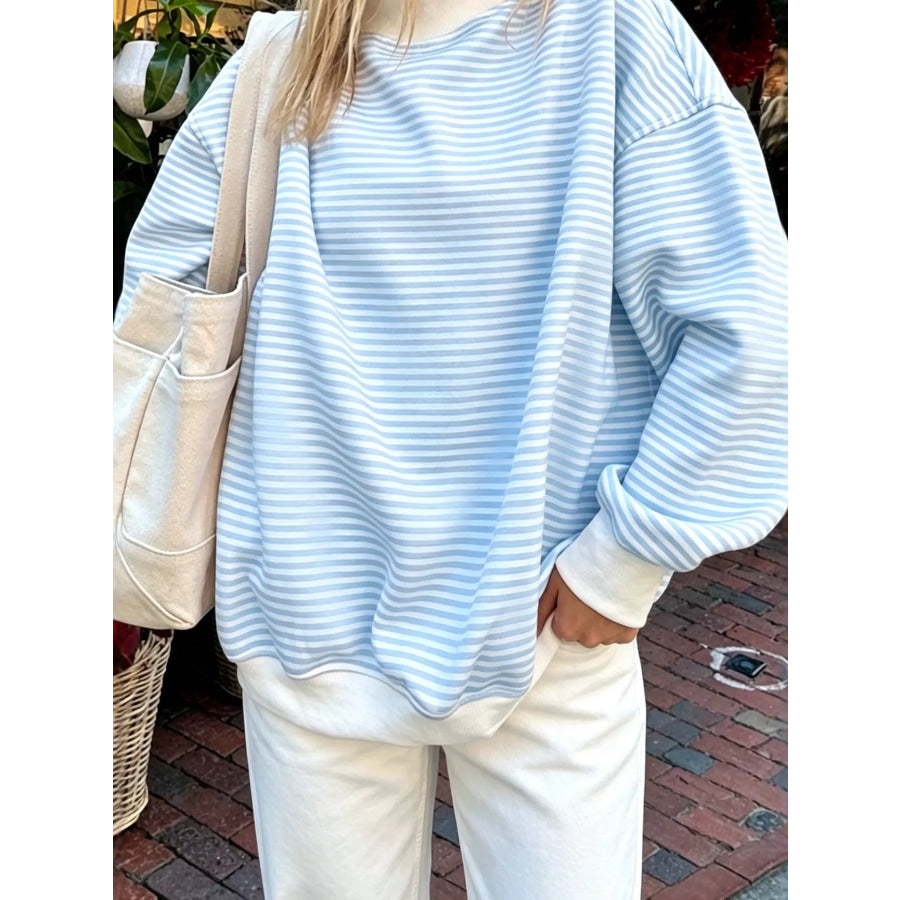 Oversized Striped Crew Neck Sweatshirt Light Blue / S Apparel and Accessories