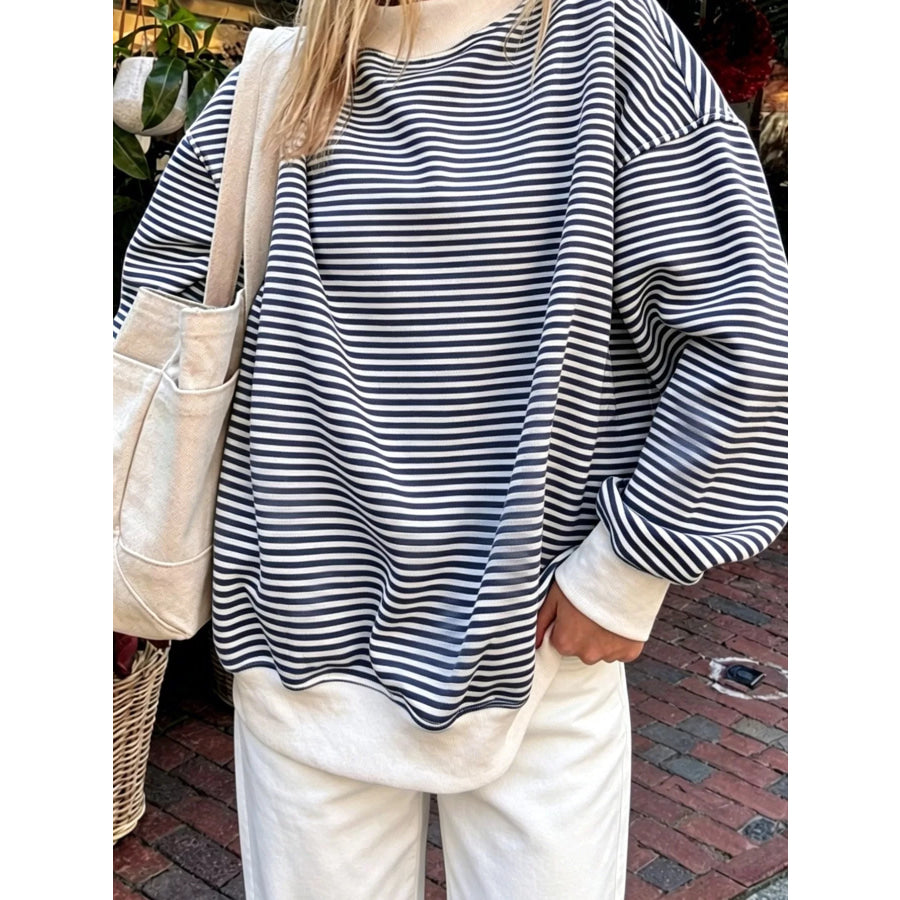 Oversized Striped Crew Neck Sweatshirt Navy Blue / S Apparel and Accessories