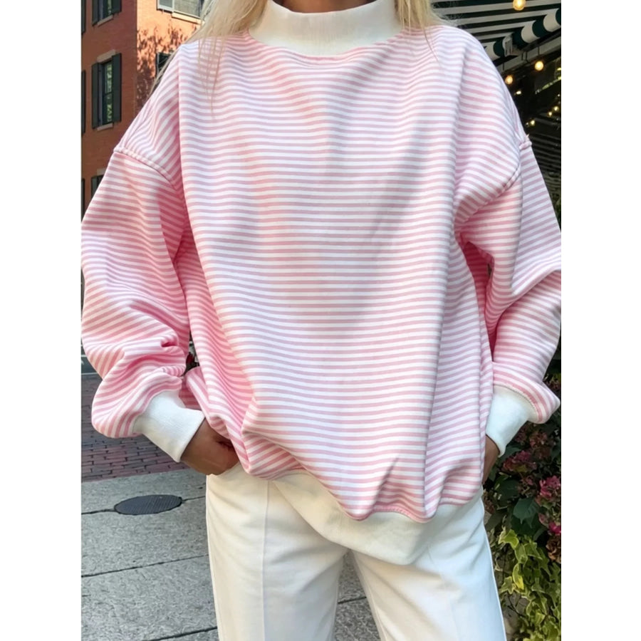 Oversized Striped Crew Neck Sweatshirt Pink / S Apparel and Accessories