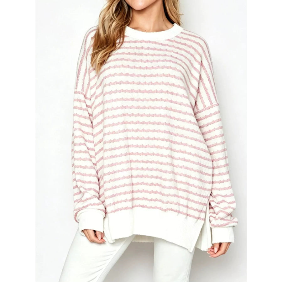 Oversized Striped Crew Neck Sweatshirt Pink / S Apparel and Accessories