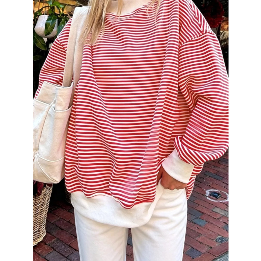 Oversized Striped Crew Neck Sweatshirt Red / S Apparel and Accessories