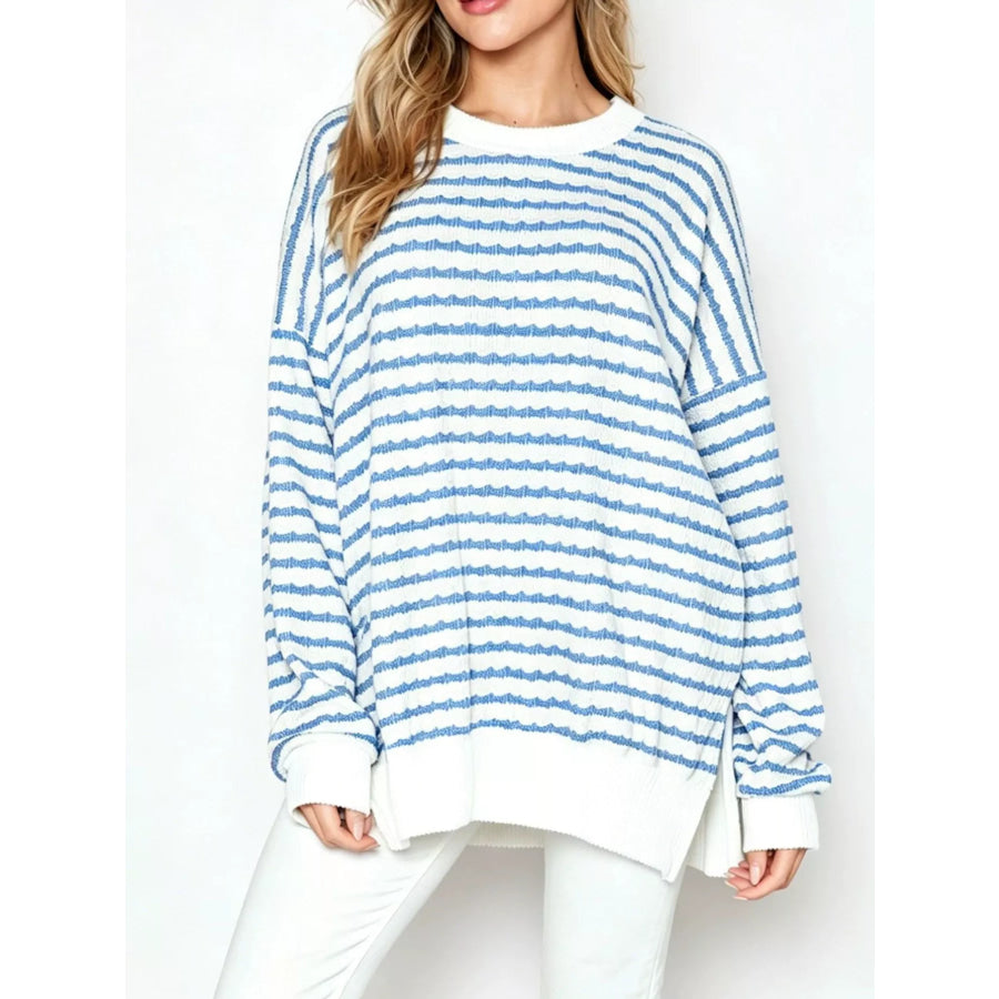 Oversized Striped Crew Neck Sweatshirt Sky Blue / S Apparel and Accessories