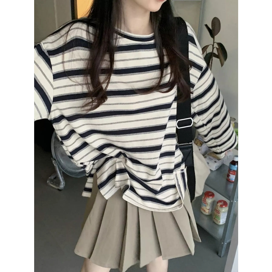 Oversized Striped Crew Neck T-Shirt Black-Striped / M Apparel and Accessories