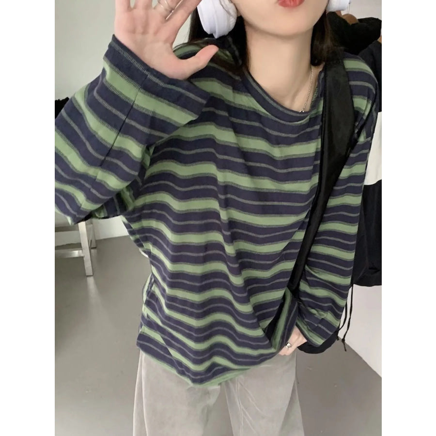 Oversized Striped Crew Neck T-Shirt Green-Striped / M Apparel and Accessories