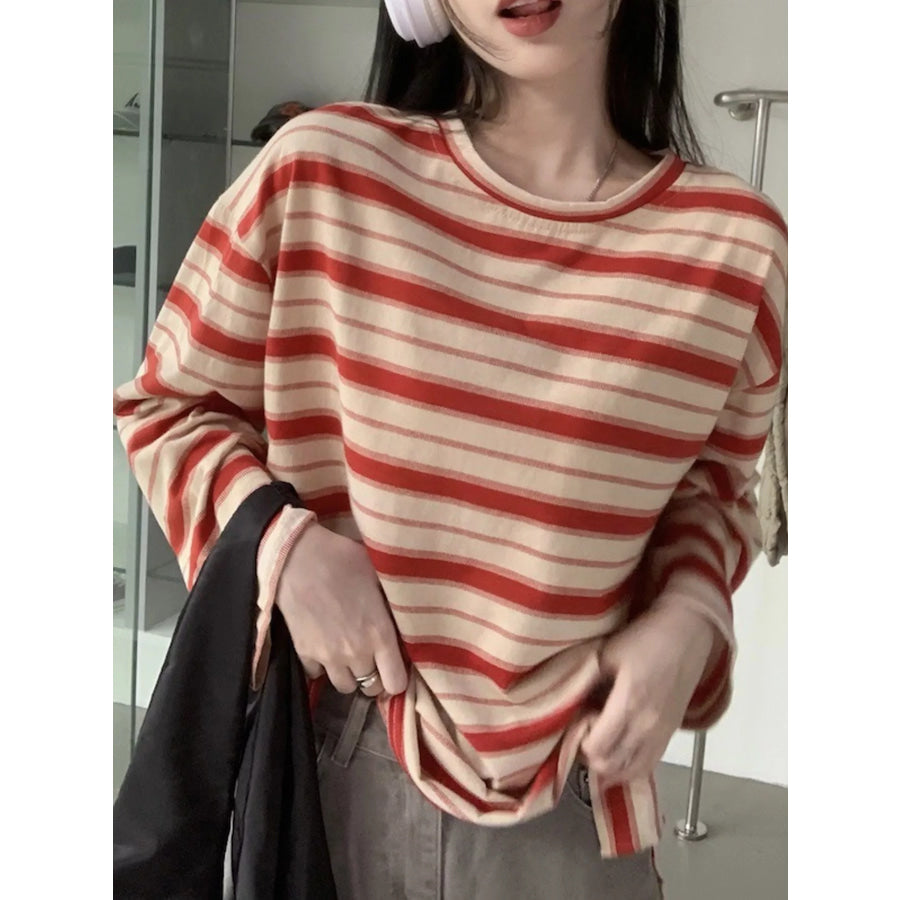 Oversized Striped Crew Neck T-Shirt Red-Striped / M Apparel and Accessories