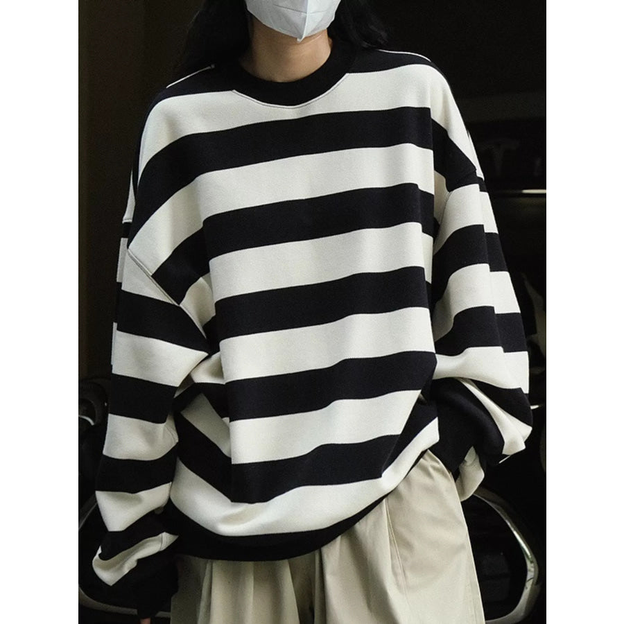 Oversized Striped Crewneck Sweatshirt Black / One Size Apparel and Accessories