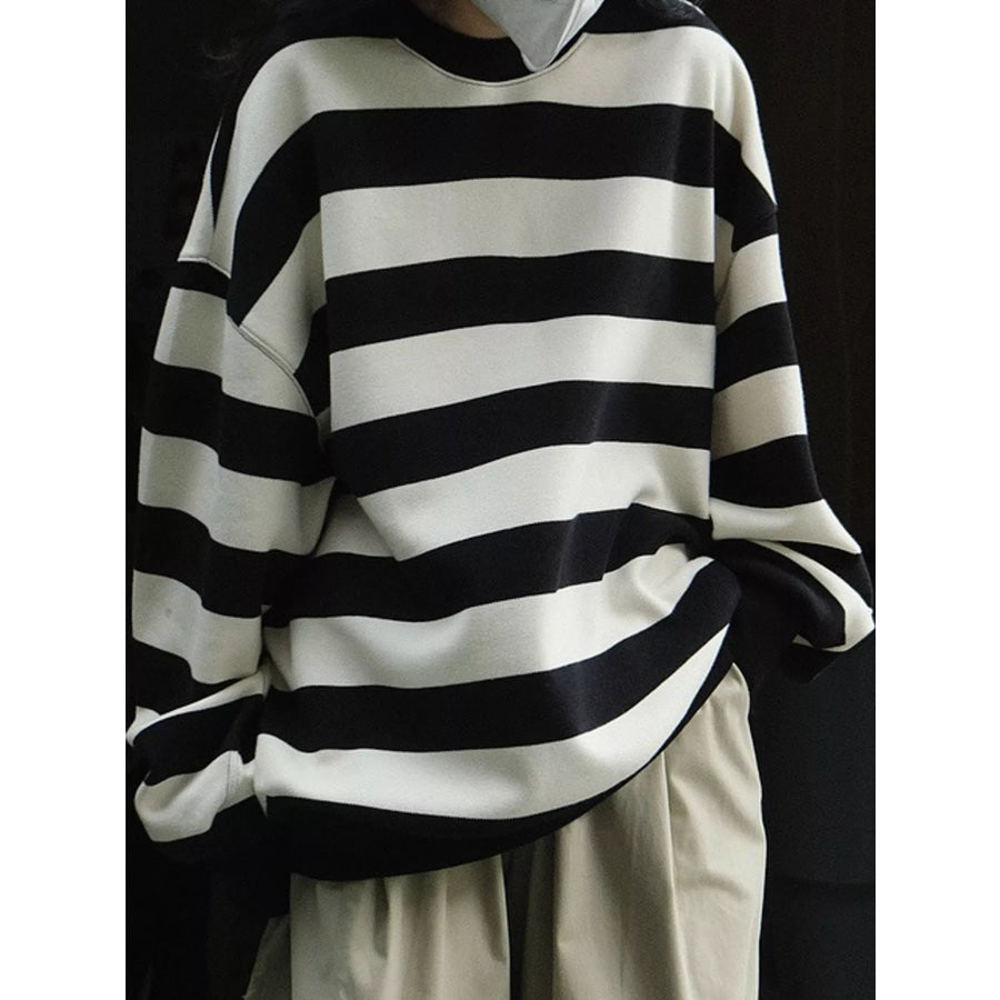 Oversized Striped Crewneck Sweatshirt Black / One Size Apparel and Accessories