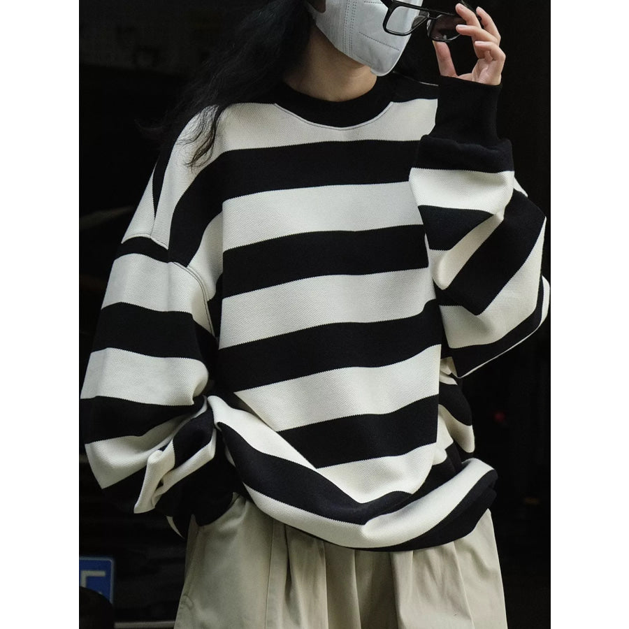 Oversized Striped Crewneck Sweatshirt Black / One Size Apparel and Accessories