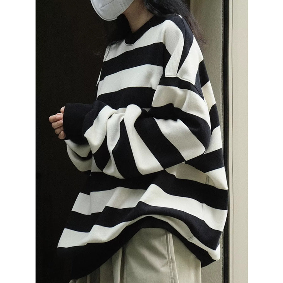 Oversized Striped Crewneck Sweatshirt Black / One Size Apparel and Accessories