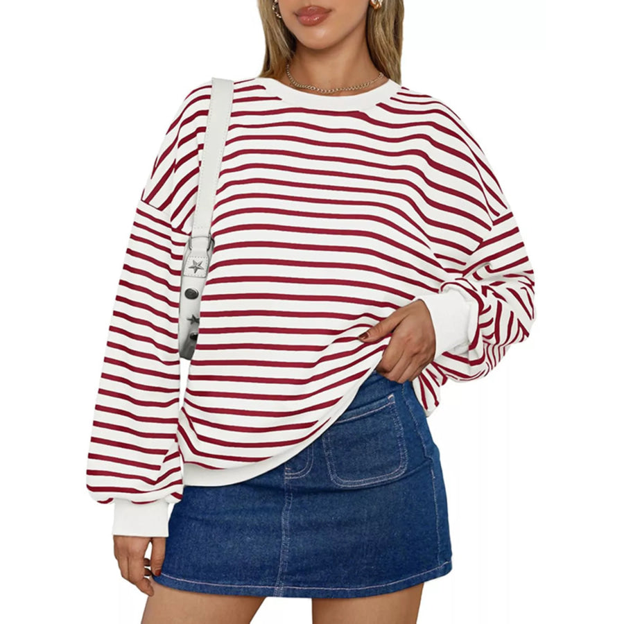 Oversized Striped Crewneck Sweatshirt Red / S Apparel and Accessories