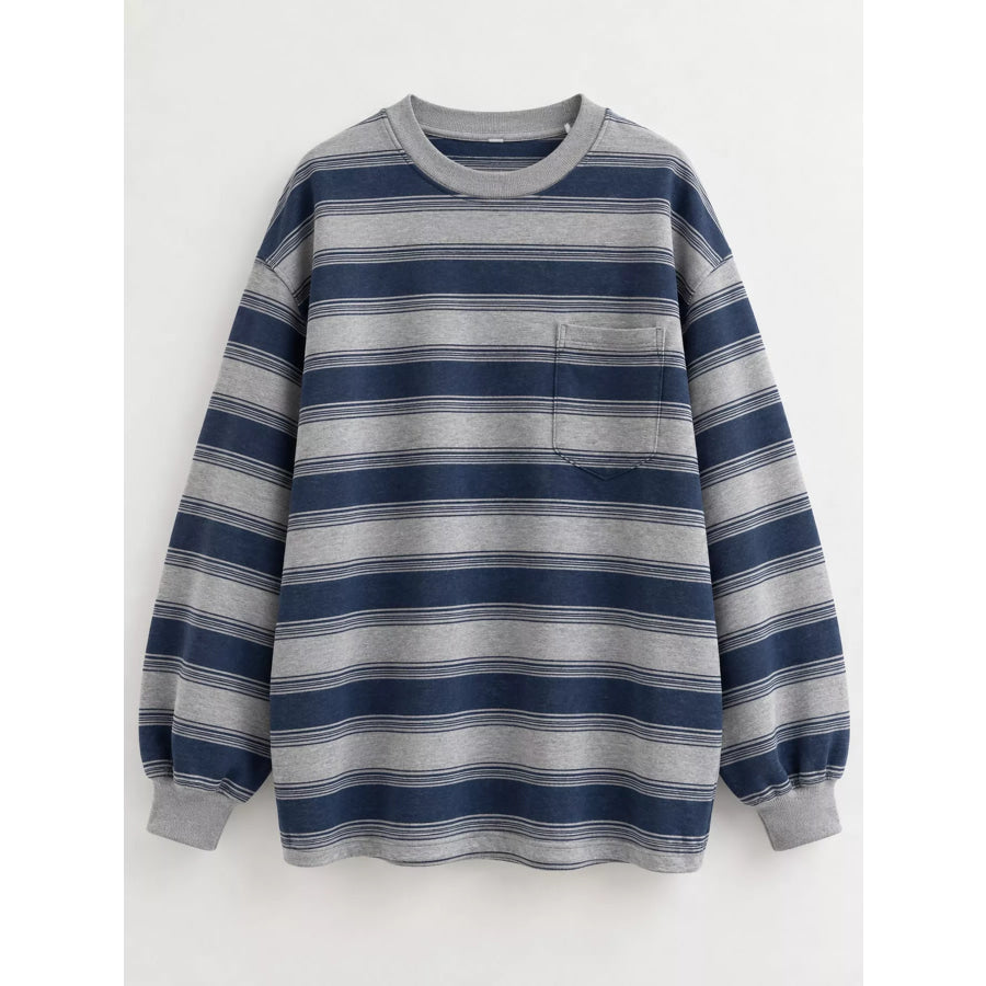 Oversized Striped Crewneck Sweatshirt with Chest Pocket Apparel and Accessories
