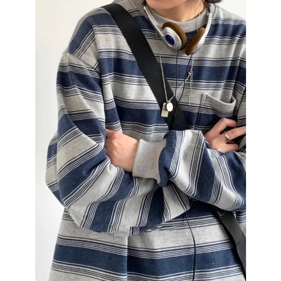 Oversized Striped Crewneck Sweatshirt with Chest Pocket Apparel and Accessories