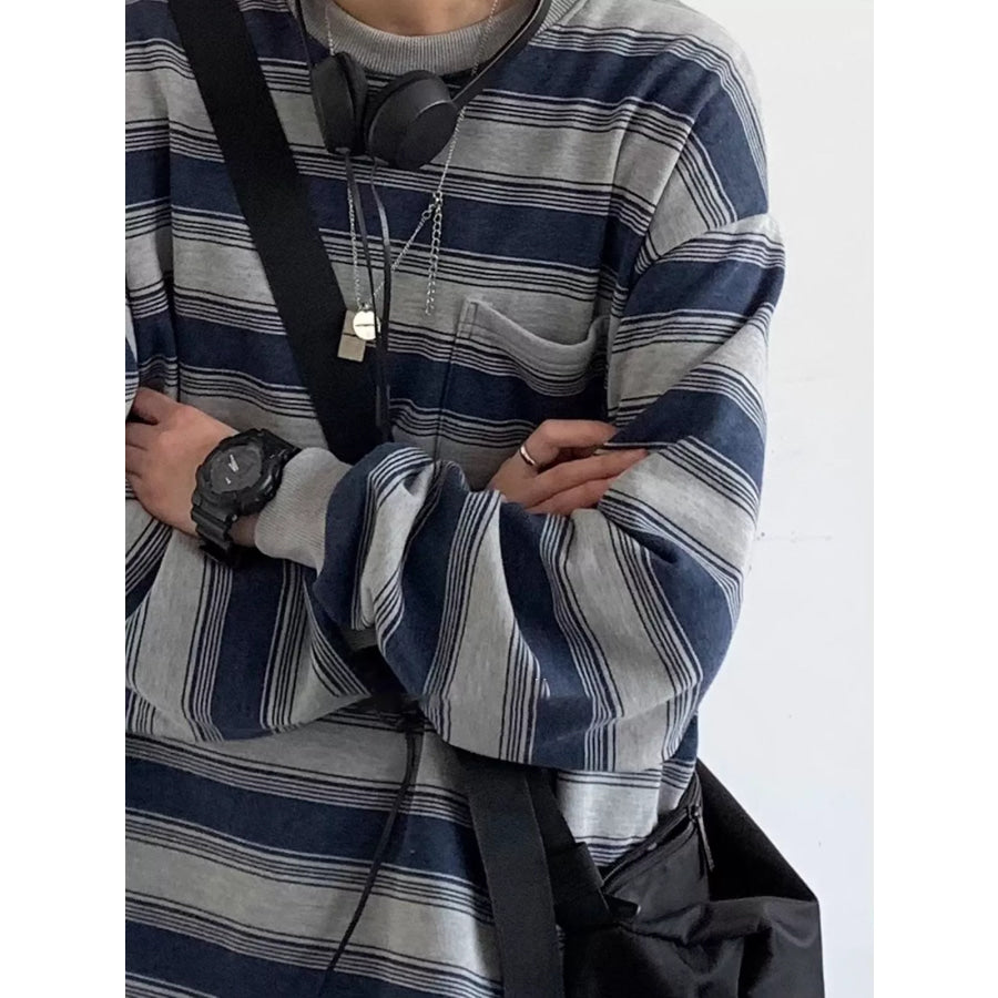 Oversized Striped Crewneck Sweatshirt with Chest Pocket Apparel and Accessories