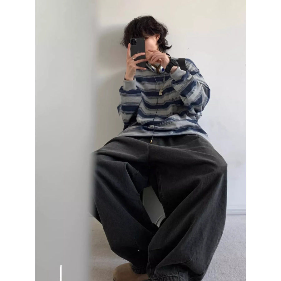 Oversized Striped Crewneck Sweatshirt with Chest Pocket Apparel and Accessories