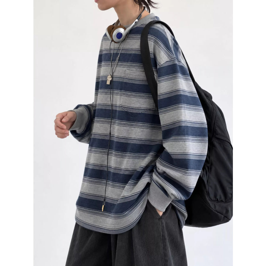 Oversized Striped Crewneck Sweatshirt with Chest Pocket Apparel and Accessories