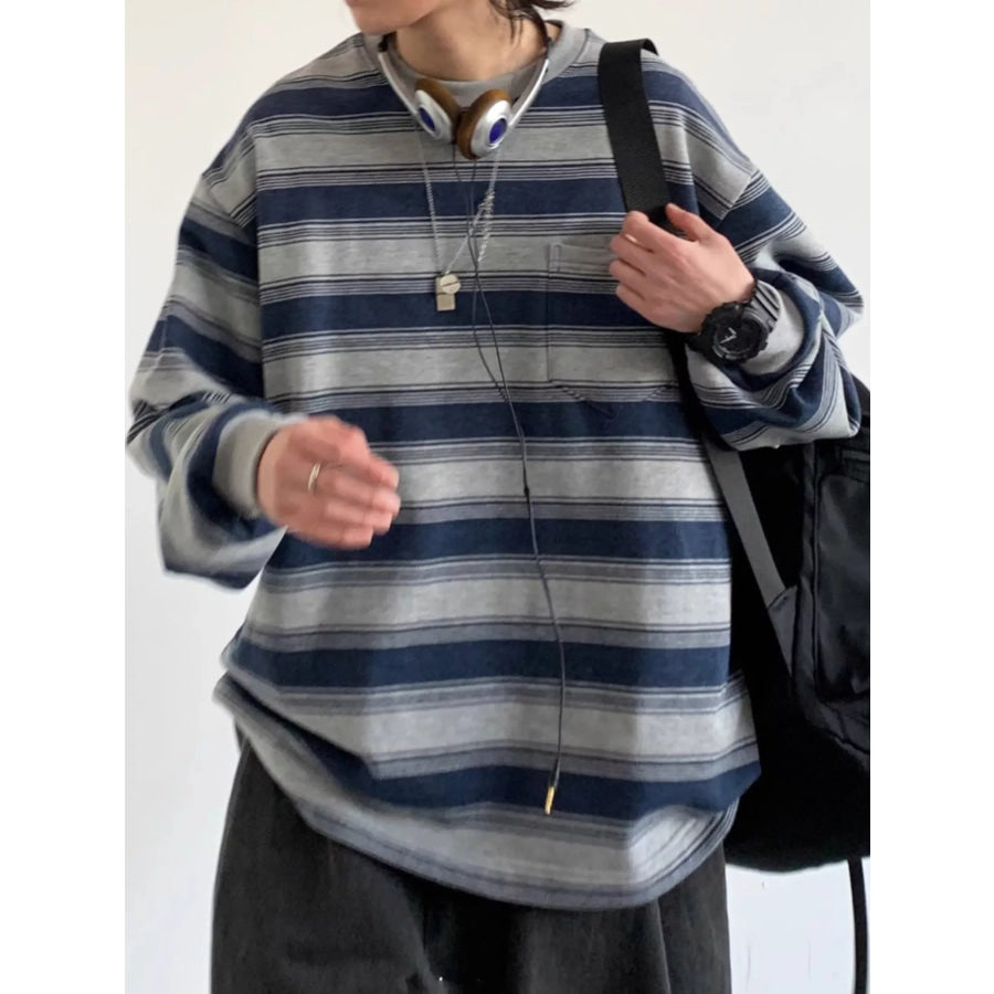 Oversized Striped Crewneck Sweatshirt with Chest Pocket French Blue / M Apparel and Accessories