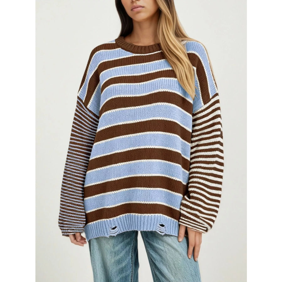 Oversized Striped Distressed Sweater Apparel and Accessories