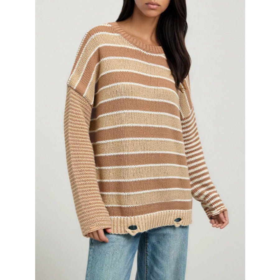 Oversized Striped Distressed Sweater Apparel and Accessories