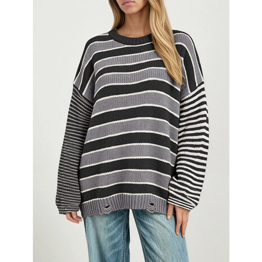 Oversized Striped Distressed Sweater Black / S Apparel and Accessories