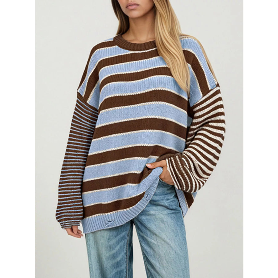 Oversized Striped Distressed Sweater Brown / S Apparel and Accessories