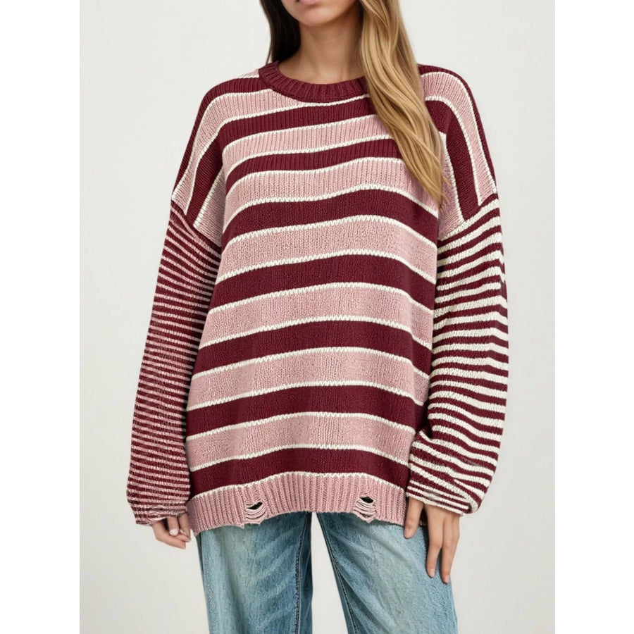 Oversized Striped Distressed Sweater Deep Red / S Apparel and Accessories