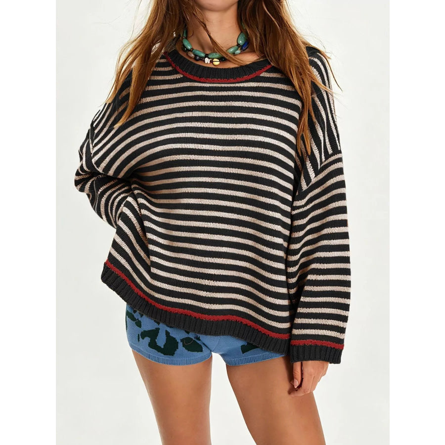 Oversized Striped Dropped Shoulder Sweater Black / S Apparel and Accessories