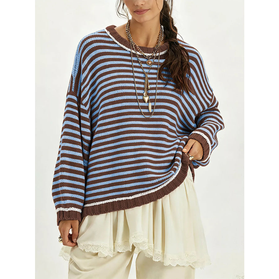 Oversized Striped Dropped Shoulder Sweater Brown / S Apparel and Accessories