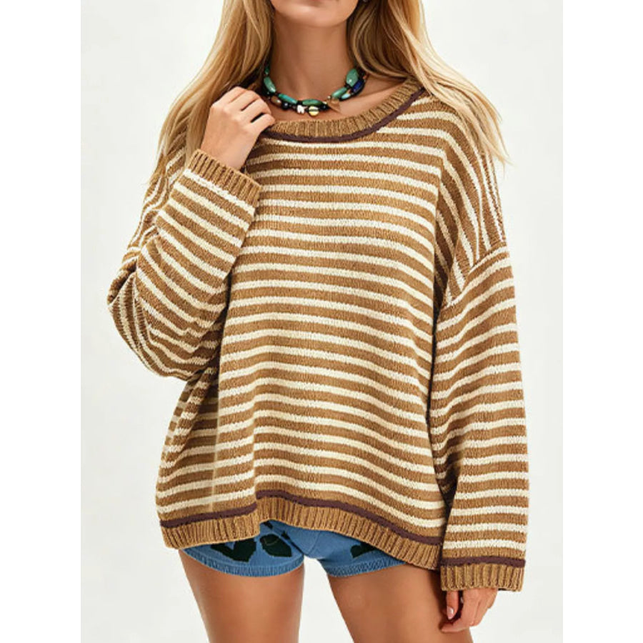 Oversized Striped Dropped Shoulder Sweater Khaki / S Apparel and Accessories