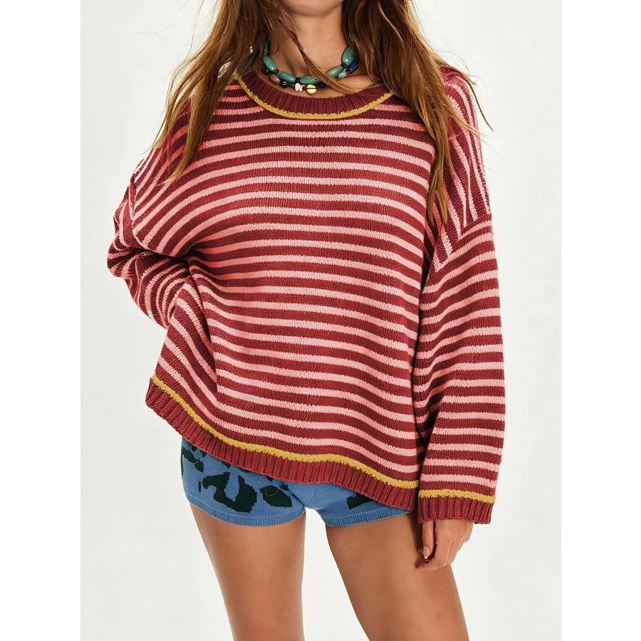 Oversized Striped Dropped Shoulder Sweater Red / S Apparel and Accessories
