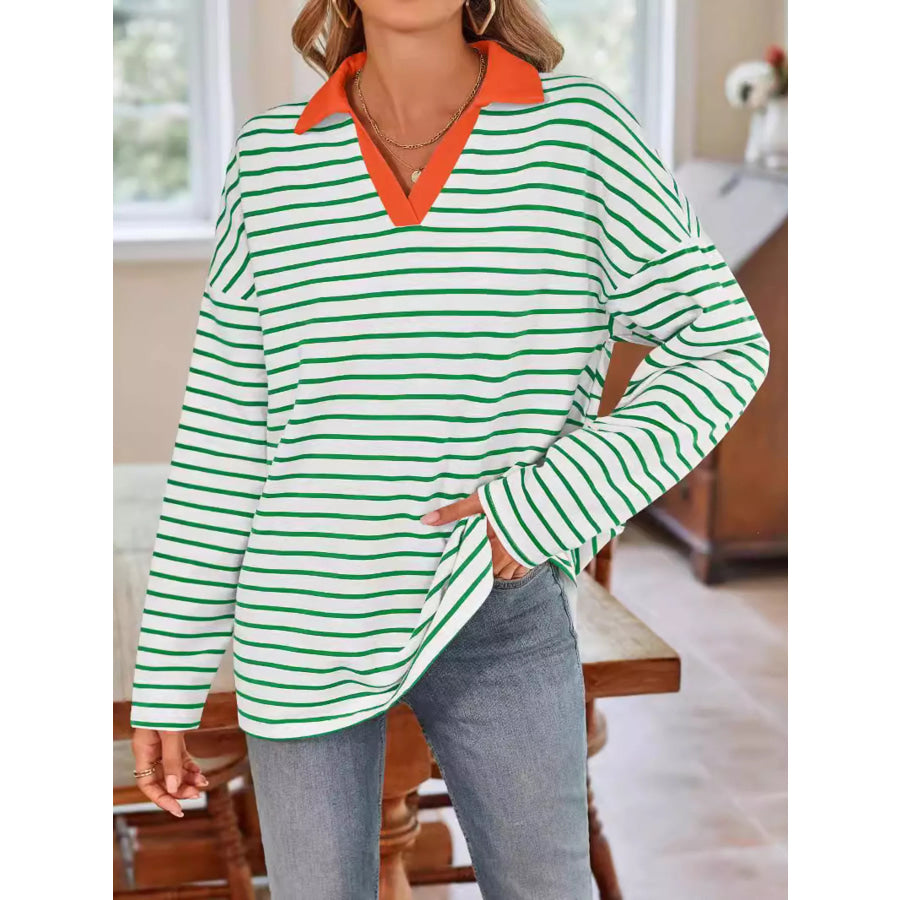 Oversized Striped Johnny Collar T-Shirt Apparel and Accessories