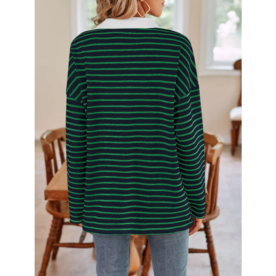 Oversized Striped Johnny Collar T-Shirt Apparel and Accessories