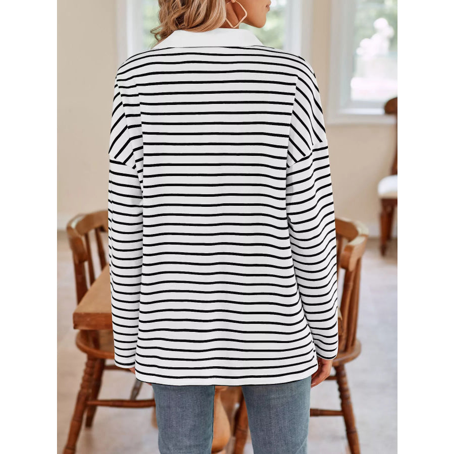 Oversized Striped Johnny Collar T-Shirt Apparel and Accessories