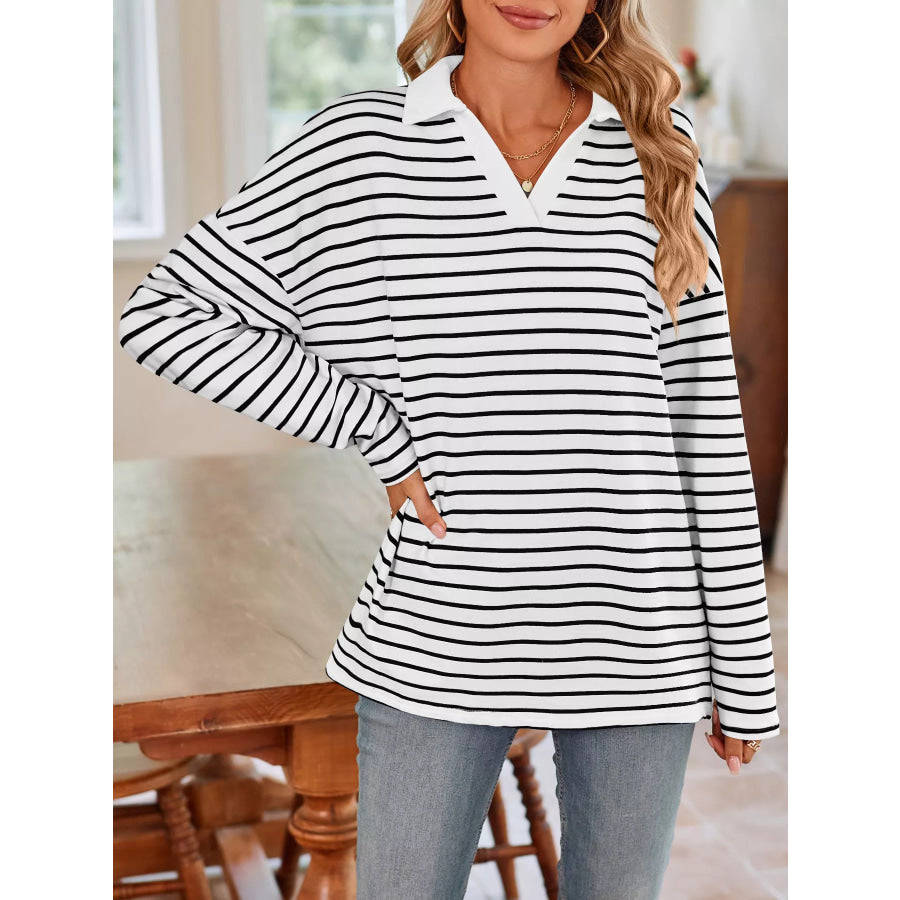 Oversized Striped Johnny Collar T-Shirt Apparel and Accessories