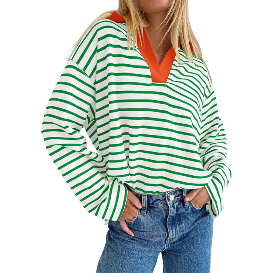 Oversized Striped Johnny Collar T-Shirt Green / S Apparel and Accessories