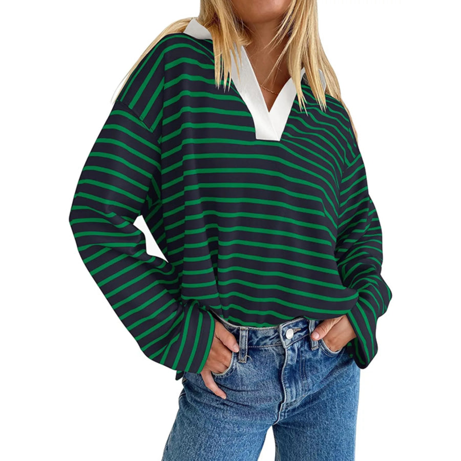 Oversized Striped Johnny Collar T-Shirt Navy Green / S Apparel and Accessories