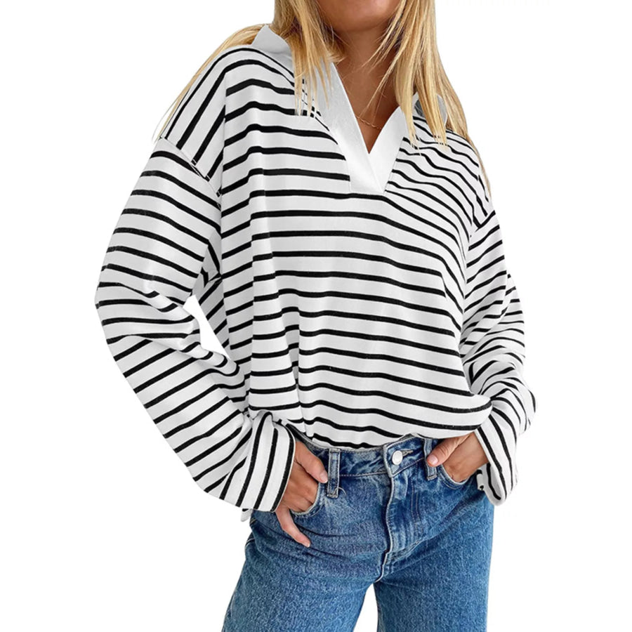 Oversized Striped Johnny Collar T-Shirt White / S Apparel and Accessories
