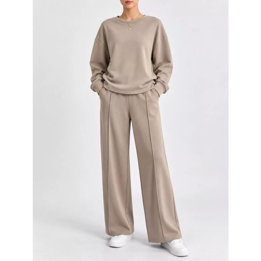 Oversized Sweatshirt and Wide-Leg Pants Set Khaki / S Apparel Accessories