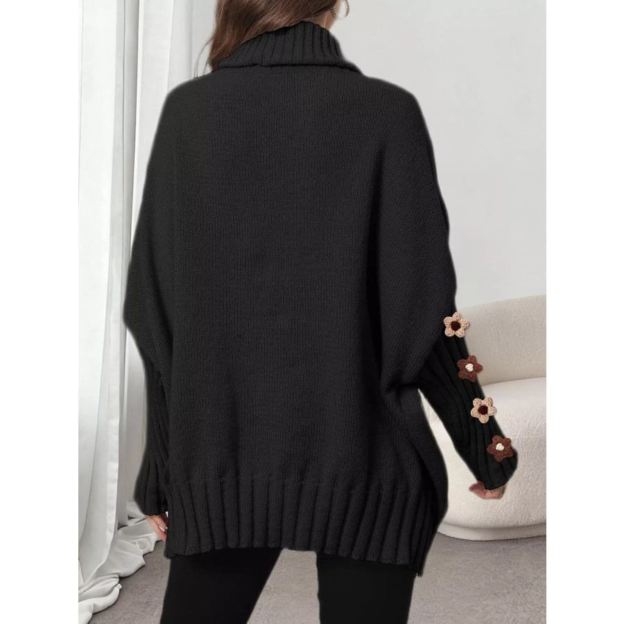Oversized Turtleneck Sweater with Floral Applique Sleeves Apparel and Accessories