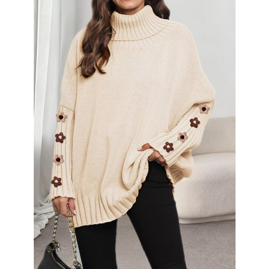 Oversized Turtleneck Sweater with Floral Applique Sleeves Apparel and Accessories