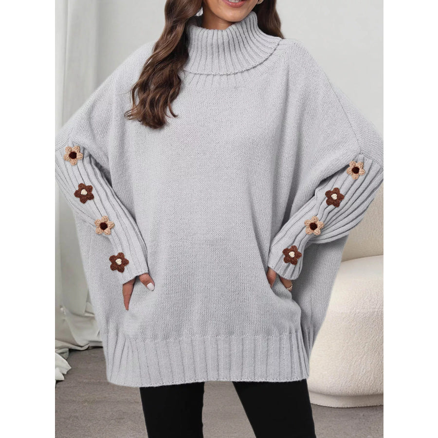 Oversized Turtleneck Sweater with Floral Applique Sleeves Apparel and Accessories